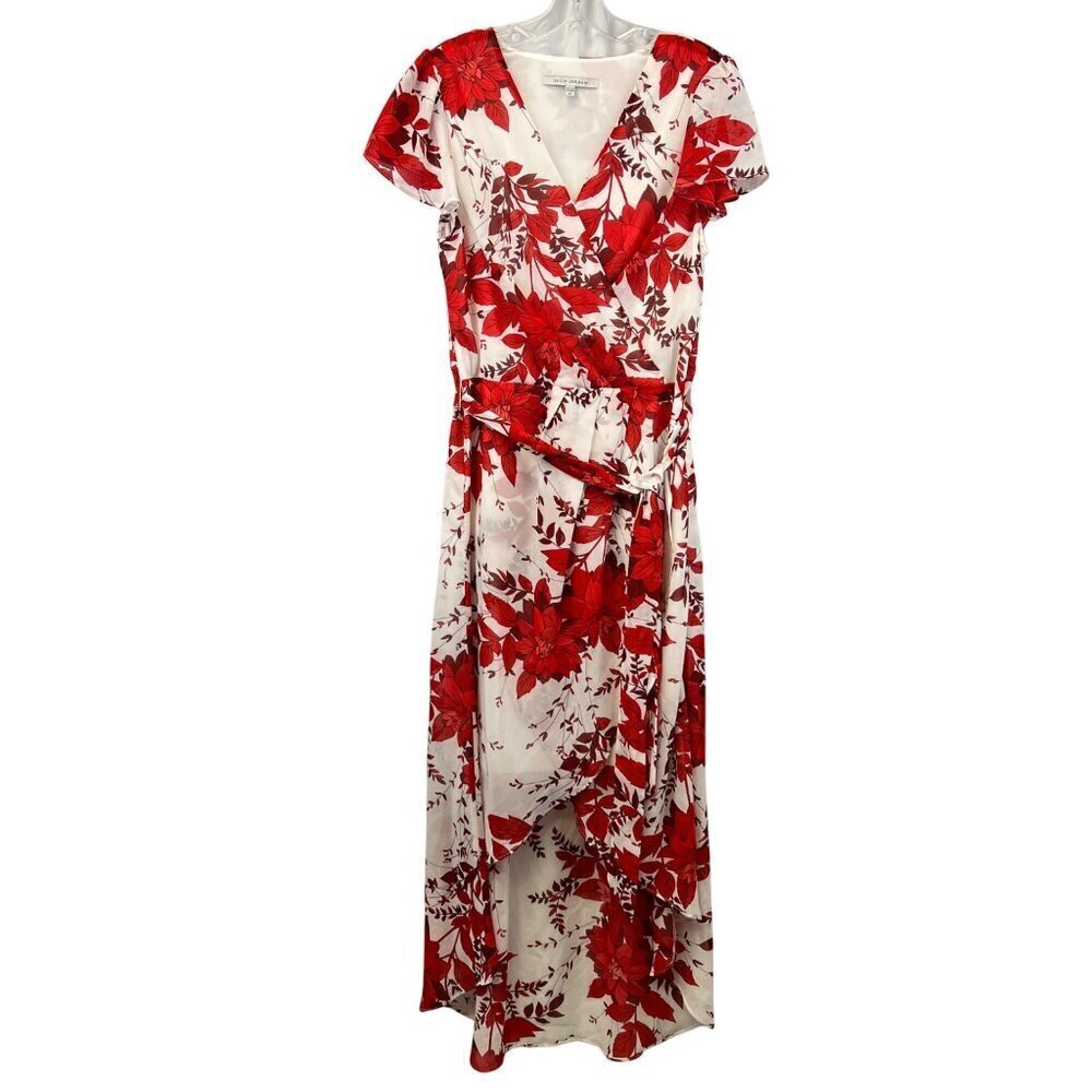 Julia Jordan Short Sleeve Hi Low Floral Dress Red/White Surplice Belted Size 12